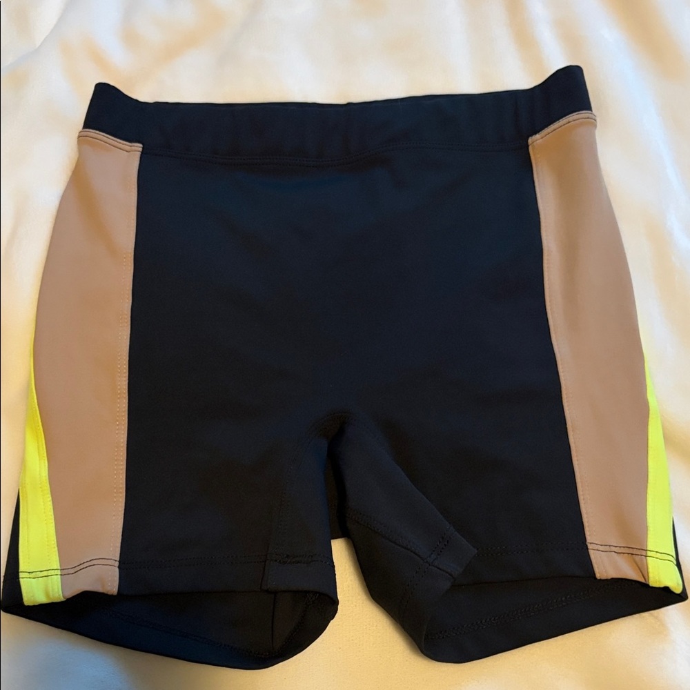 FIVE black Athletic Workout Shorts with Tan & Neon Yellow Panels